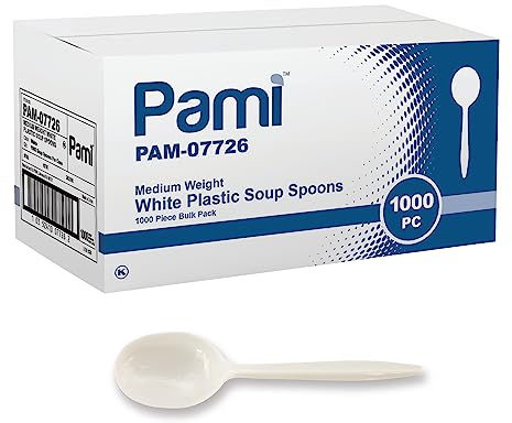 PAMI 1000 Plastic Soup Spoons Bulk Disposable White Medium Weight Durable Single-Use Cutlery for Parties Catering Food Service