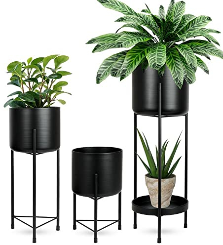 Vilde Blumenständer Blumensäule Pflanzenständer Pflanzenregal Metall schwarz / Blumentopf Übertopf auf einem Ständer 3er Set