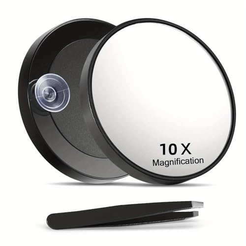 SAVEX 10X Magnifying Mirror With Tweezer & Suction Cups, Sticky Magnifier Mirror For Eye Makeup, Eyebrows Tweezing & Bathroom Shaving | Travel Magnifying Mirror | Hand mirror | Mini Mirror (10X)