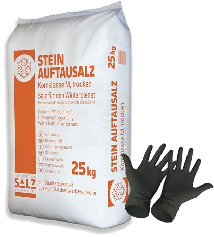 25 kg Stein Auftausalz (1 x 25 kg) Streumittel Streusalz KL-M Schnee Winter Eis Frost Premium inklusiv 1 Paar ARNOMED Einweghandschuh