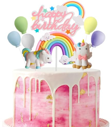 Jxuzh Décoration de gâteau licorne Happy Birthday - Décoration de gâteau licorne - Décoration de gâteau pour fille et garçon - Ballon pour enfants et filles - Macaron - Décoration de gâteau