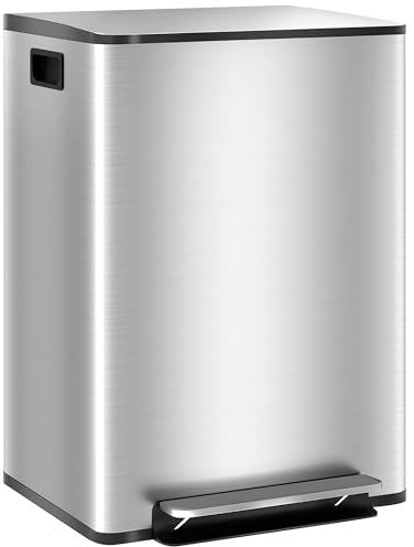 HOMCOM Pattumiera Differenziata 2 Scomparti 30L da Cucina a Pedale, Cestino Spazzatura con Coperchio a Chiusura Silenziosa in Acciaio Inox e PP, 47.7x37.5x66.8 cm, Argento