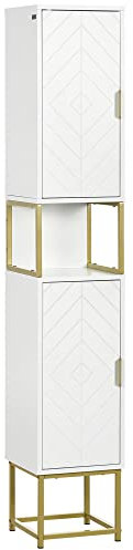 kleankin Columna de Baño Mueble Auxiliar de Baño Armario de Baño con 2 Puertas Compartimiento y Estantes Ajustables Antivuelco Estilo Moderno 30x30x170,7 cm Blanco