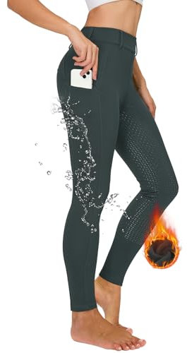 Havideto Winter Reitleggings Damen Vollbesatz Thermo Reithose Damen Fleece Gefüttert Wasserdicht mit Handytasche Gürtelschlaufen Grau M