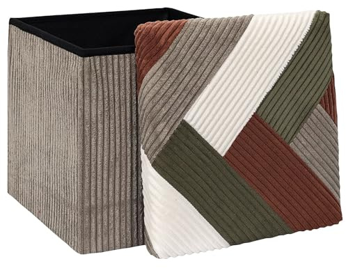 Home Deco Factory, HD0550, Pouf Pieghevole Multifunzionale Patchwork a Coste, Contenitore e Comoda Seduta, Design Elegante, Ideale per Soggiorno, Beige, Grigio, Rosso, Verde, 38x38 cm