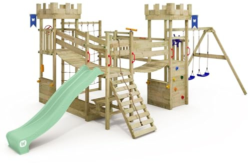 WICKEY Spielturm Ritterburg Smart Arch mit Schaukel & Pastellgrüner Rutsche, Outdoor Kinder Kletterturm mit Sandkasten, Leiter & Spiel-Zubehör für den Garten