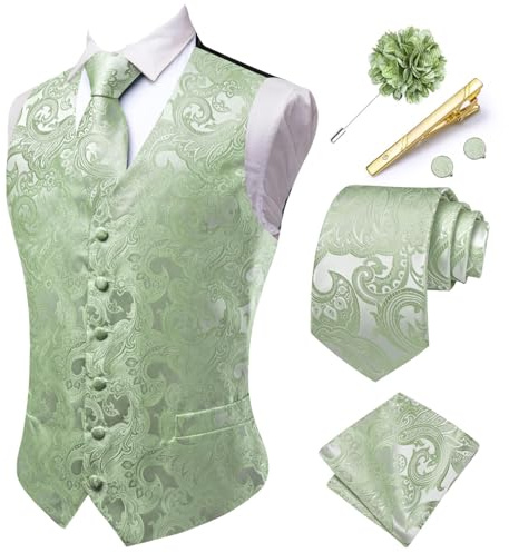 Hi-Tie Sage Green Paisley Waistcoats for Men Formal Silk Wedding Suit Vest Jacquard Tie Pocket Square Set for Party