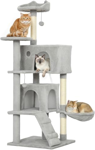 PawHut Árbol Rascador para Gatos, Torre Escalador, 140 cm, Gris Claro