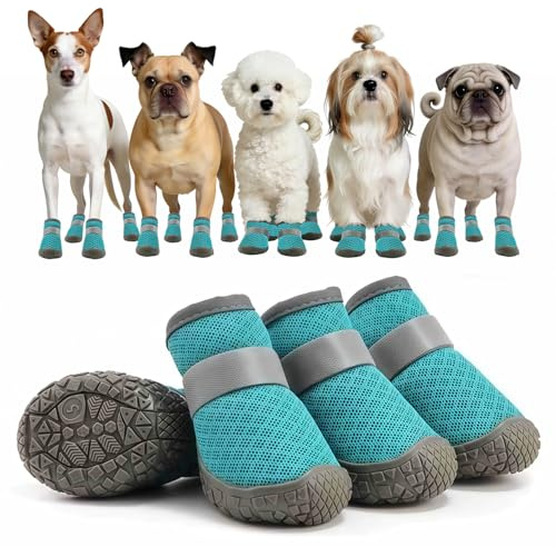 UTXN Botas para Perros Pequeños (4 uds), Protectores Ligeros de Malla para Patas de Perros XS de hasta 12kg, Zapatos Antideslizantes Ajustables para Caminatas & Patas Lesionadas (Azul)