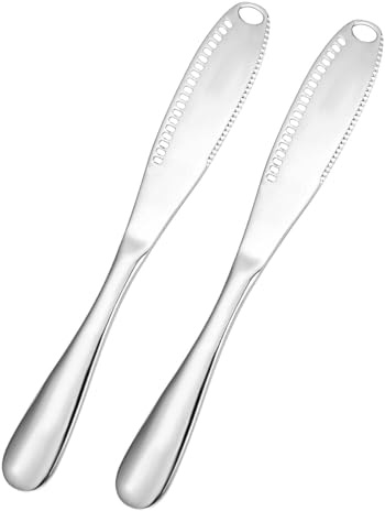 Ubric 2 stycken smörspatelspridare – 3-i-1 smörkniv i rostfritt stål med hål, locktång för ost, jordnöt (silver, 20,5 x 2,5 cm)