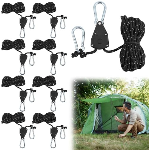 8 Pezzi Cricchetto di Corda Regolabili, 4m Corde di Tensionamento con Tenditore per Corda, Ganci a Cricchetto, Cricchetti Pesanti, per Pianta Crescere Lampada, Tenda, Escursioni