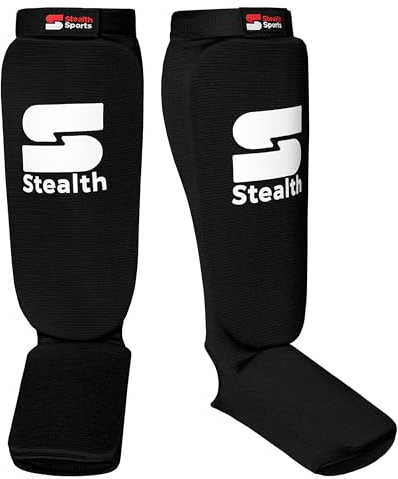 Stealth Sports Boxing Shin Guard - Professional Muay Thai Shin Guards - 12mm Thick Leg & Foot Shin Instep Guard - Protective Sparring Gear for MMA, Taekwondo, Karate, Kickboxing, Men & Women (L)
