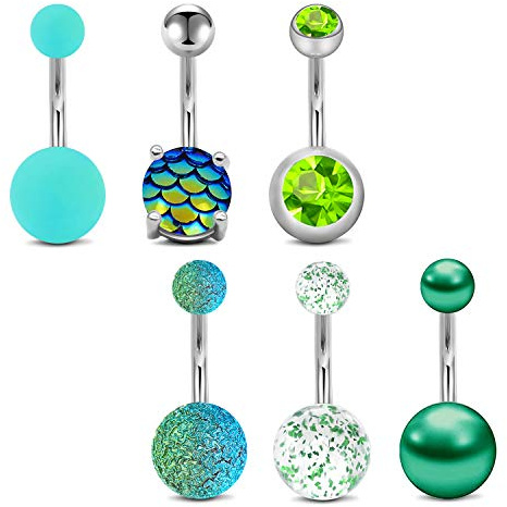 Mayhoop 6Piezas Anillo del Ombligo Piercing del Ombligo Acero inoxidable 14G 10mm Verde para las mujeres y las niñas Joyería del Cuerpo del Vientre
