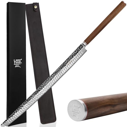 YOUSUNLONG Coltello Sakimaru - Ultra Yanagiba 590 mm - Lama a martello in acciaio damascato giapponese - Affettatrice adatta al taglio di grandi salmoni Maguro - Manico in legno di noce naturale
