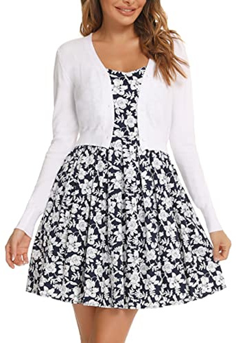 Yukiuiny Women's Elegant Knit Cardigan Cropped Long Sleeve Shrugs for Spring Summer Autumn, Coat Mini Jacket Bolero for Weddings Party-White/3XL