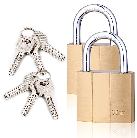 Padlocks with Keys, 38mm Small Padlock with Key Heavy Duty Brass Suitcase Pad Lock and Key Outdoor for Shed Gym Locker Gate Cabinets 2 Pack QOD-38mm
