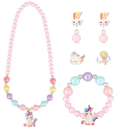Jormftte Kinder Schmuck Set, 6 Stück Mädchen Perlenkette Set Einhorn, Enthalten Halskette, Ringe, Armbänder, Ohrring, Einhorn Für Party Dress Up Geschenk, Weihnachtsgeschenke