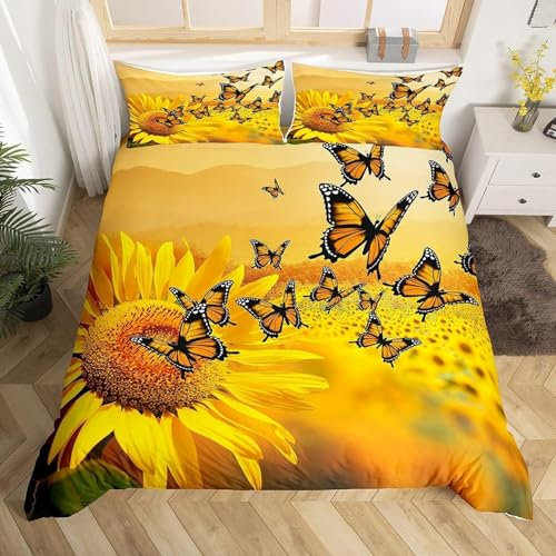 HELVES Bettwäsche 135x200 cm Gelber Schmetterling, 3D Bettwäsche Set Mikrofaser Bettbezug Sonnenblume für Kinder, Weiche Bettbezüge + 2 Kissenbezug 80x80 cm, mit Reißverschluss
