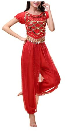 QIRUIRED Women's 2-Piece Belly Dance Costume Set - Red Professional Performance Outfit with Sequin Top & Flared Lantern Pants for Bollywood, Carnival, Arabian Dance (Sizes L)