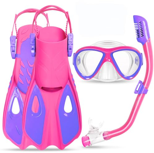 Snorkeling Gear for Kids Ages 5-15, 4 in 1 Mask Fins Snorkel Set with HD Tempered Glass Panoramic View Anti-Fog Mask, Dry Top Snorkel, Adjustable Trek Fins, and Mesh Bag, Kids Snorkel Set for Youth