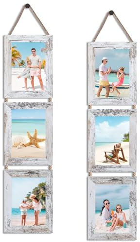 QUTREY 5 x 7 collage bildramar, 3 öppningar hängande fotoram set display vertikal 12,7 x 17,8 cm bilder för väggdekor, nödställd vit, 2-pack