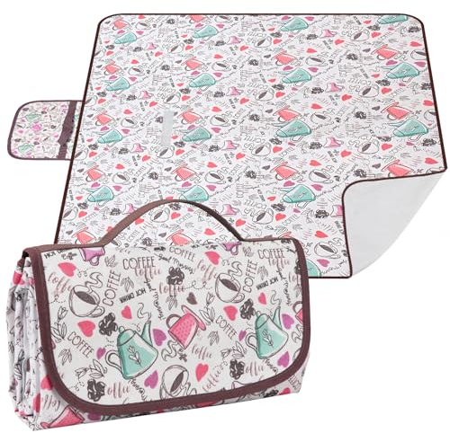 Ninonly Picknickdecke Wasserdicht Picknickdecke 200 x 200cm Tragbare Waschbar Extra Große Stranddecke Sandfreie Mit Tragegriff Leicht Tragbar Isoliert für Camping, Picknick, BBQ, Kaffeemuster