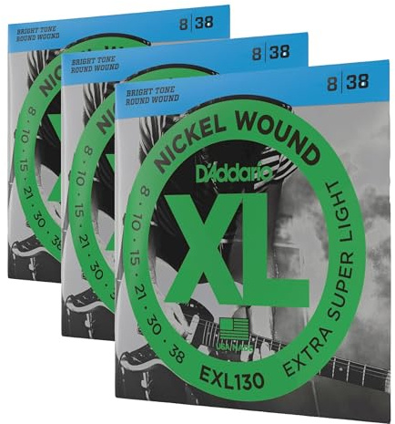 D'Addario Corde Chitarra Elettrica - EXL130 - Set Corde per Chitarra Elettrica per Ferita Nichel - 6 Corde - Super Luce extra, 08-38 - 1-Paccetto (Confezione da 3)