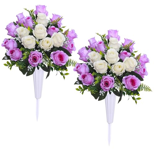 Lodou Artificial Cemetery Flowers,Outdoor Grave Decorations Roses, Memorial Flowers Bouquet with Cemetery Vase,2 Sets (Purple)