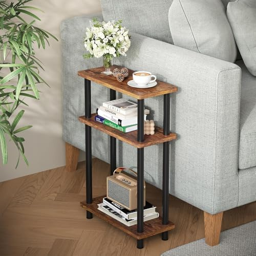 APICIZON Narrow Side Table, Slim Small Table, 3 Tier End Table Living Room, 40x18x61.5cm, Modern Thin Side Tables for Living Room, Bedroom, Sofa, Small Nightstand with Magazine Rack, Save Space, Brown