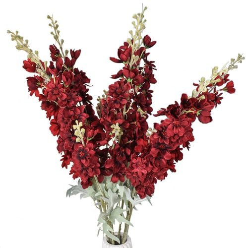 NatureMan 5 pcs Artificial Delphinium Ajacis Flowers,34 Long Stem Fake Larkspur Silk Flower Table Kitchen Home Garden Party Wedding Decoration (Wine Red)