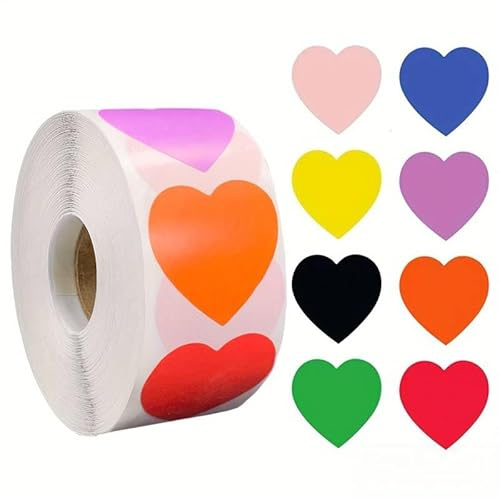 PLAYZOCO Autocollants coeurs multicolores pour enfants, rouleau de 500 autocollants, 2,5 cm, matériau papier, style dessin animé, adapté pour papier, plastique, bois, verre, métal