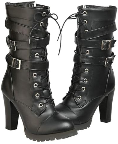 DINTAHA Black Chunky Goth Boots for Women,Lace Up Mid Calf Combat Boots,High Heeled Combat Boots Gothic Platform Boots With Buckles