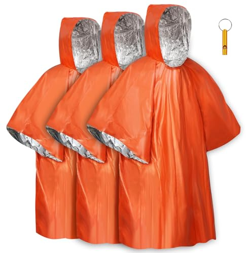 flintronic Emergency Survival Rain Poncho, 3 Pack Thermal Emergency Raincoat Poncho, Emergencys Insulation Blanket for Heat Retention and Rain, Reversible Foil Blanket for Emergencys Or First Aid