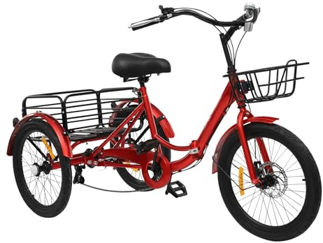 Trehjuling för vuxna 20 tum vikbar, 7 växlar trehjuling cykel tricycle med 2 korgar och uppblåsbar anordning och 2 nycklar, 3-hjuls cykel för vuxna seniorer, justerbar höjd röd