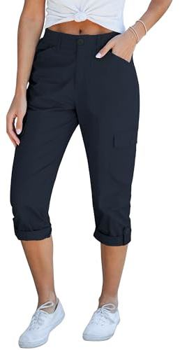 Roskiky Cargo Capri Pants for Women High Waisted Relaxed Fit Elastic Knit Waist Pants M Navy Blue