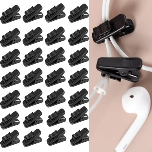 Paquete de 30 clips de alambre para cable de auriculares, clips de cable de auriculares, clips de cable de auriculares, clip de ropa, clips de cable negros para fijación de cable de