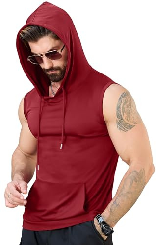 AIYINO Men's Workout Hooded Tank Tops Bodybuilding Muscle Cut Off T Shirt Sleeveless Gym Hoodies M Wine Red