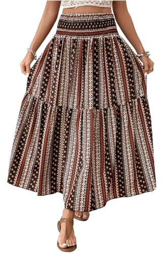 JENJON Femme Jupe Longue Fleurs Imprimé Taille Haute Elastique Casual Boho Style Ethnique Robe de Plage 2 in 1 Taille Unique