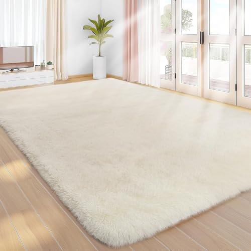 Treeboy Hochflor Teppich Creme Carpet Wohnzimmer 160x230 Waschbar Anti-Rutsch Extra Große Teppiche Schlafzimmer Flauschige Moderne Teppiche Matte Teppichen für Schlafzimmer Kinderzimmer