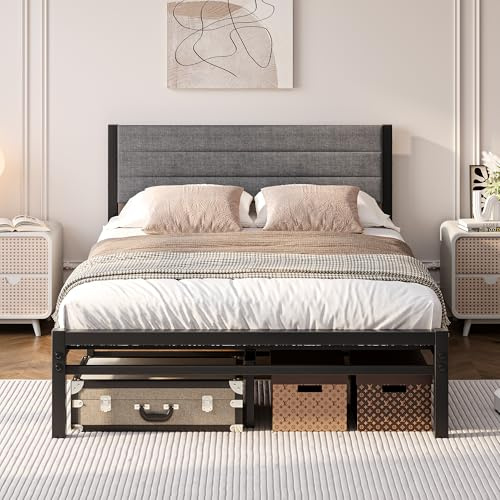 JUISSANO Cama tapizada de 120 x 200 cm, marco de cama de 120 x 200 cm, con somier de láminas de metal, con pedestal acolchado, moderna cama individual de invitados, cama de metal con cabecero, gris