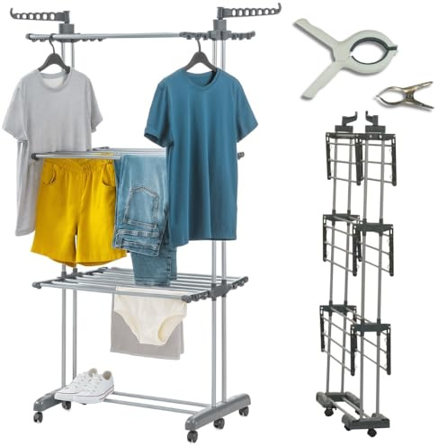 FACILITYS Etendoir à Linge Pliable Dry Fold 4 Niveaux - 139 x 57 x 170 cm, 20 Pinces fournis, 6 roulettes, Capacité Etendage 16 m - Séchoir à Linge en Acier Inoxydable