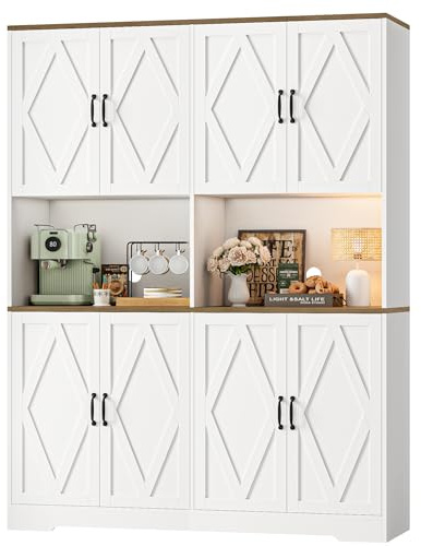 HOSTACK 71 Tall Pantry Cabinet, 55 Wide Kitchen Pantry Storage Cabinet, Large Kitchen Hutch with 2 Microwave Stands, Farmhouse Coffee Bar Station with Doors and Shelves for Dining Room, White
