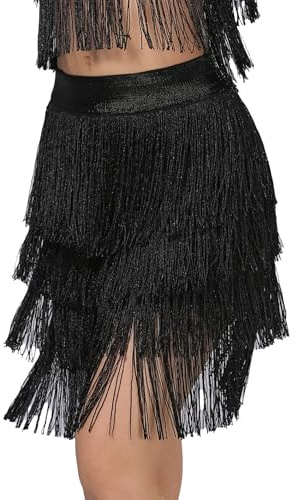 RUNQHUI Femme Jupe Danse du Ventre Franges Jupe Danse Latine Salsa Rumba Samba Swing Skirt Dancewear Noir XL