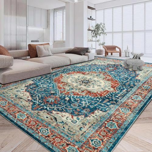 Imperial Rooms Orange Teal Rugs Living Room Extra Large 240 x 340 Short Pile Area Rugs for Bedroom Machine Washable Non Slip Carpet for Kids Room Soft Vintage Design Boho Rug, Regal