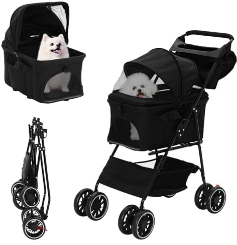 Hundvagn, 3-i-1 hundbuggy upp till 15 kg, bärbar hopfällbar hundbarnvagn med 360° slitstarka gummihjul och förvaringskorg, nätfönster, mugghållare, för små hundar och katter