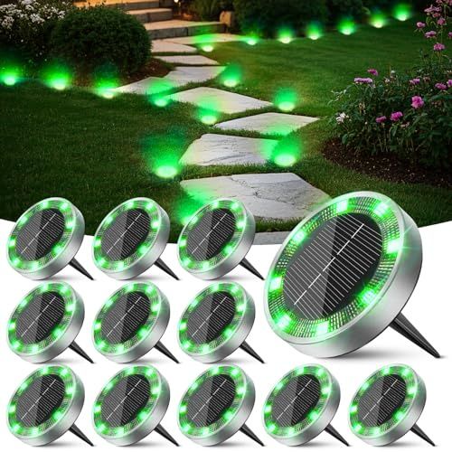 Peasur Lámparas solares de suelo para exteriores, 12 unidades, 8 LED, color verde, lámparas solares para exterior, jardín, resistentes a la intemperie, iluminación solar para camino, césped, pasarela
