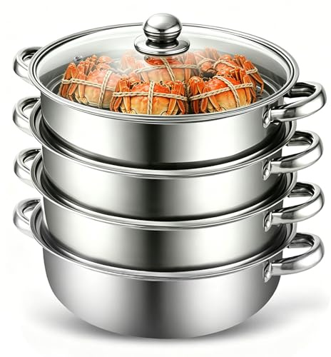 MeYuxg Pentola a vapore,28cm Vaporiera Acciaio Inox, con Inserto a Vapore e Coperchio in Vetro,pentole a 3/4 Vaporiera Pentola per cottura a vapore, zuppa, pasta, pesce (Quattro)