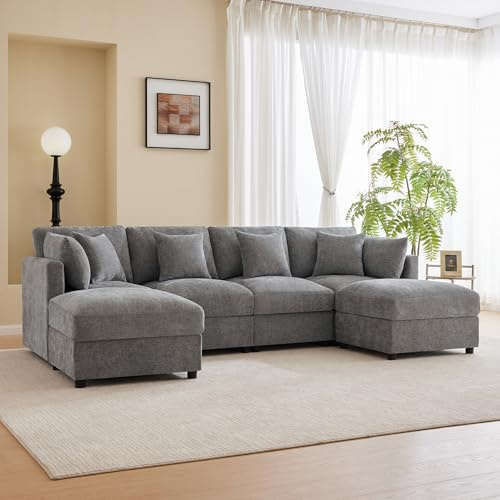 BXEYXE Modulär u-/L-formad chenille-soffa med 2 pallar, konverterbar hörnsoffa med justerbara armstöd, molnsoffa design, inkl. 4 dekorativa kuddar och 2 nackstöd, chenille-tyg, grå