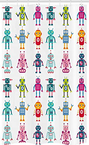 ABAKUHAUS Roboter Schmaler Duschvorhang, Roboterfiguren Karikatur, Badezimmer Deko Set aus Stoff mit Haken, 120 x 180 cm, Rosa Blau