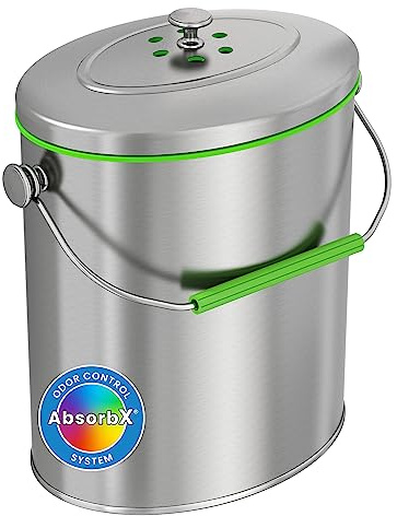iTouchless Stainless Steel Compost Bin 1.6 Gallon Includes AbsorbX Odor Filter System, Pest-Proof, Titanium Rust-Free Space-efficient Slim Oval Shape 6 Liter Kitchen Countertop Trash Can